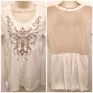 EUC Miss Me Cream Beaded Tee